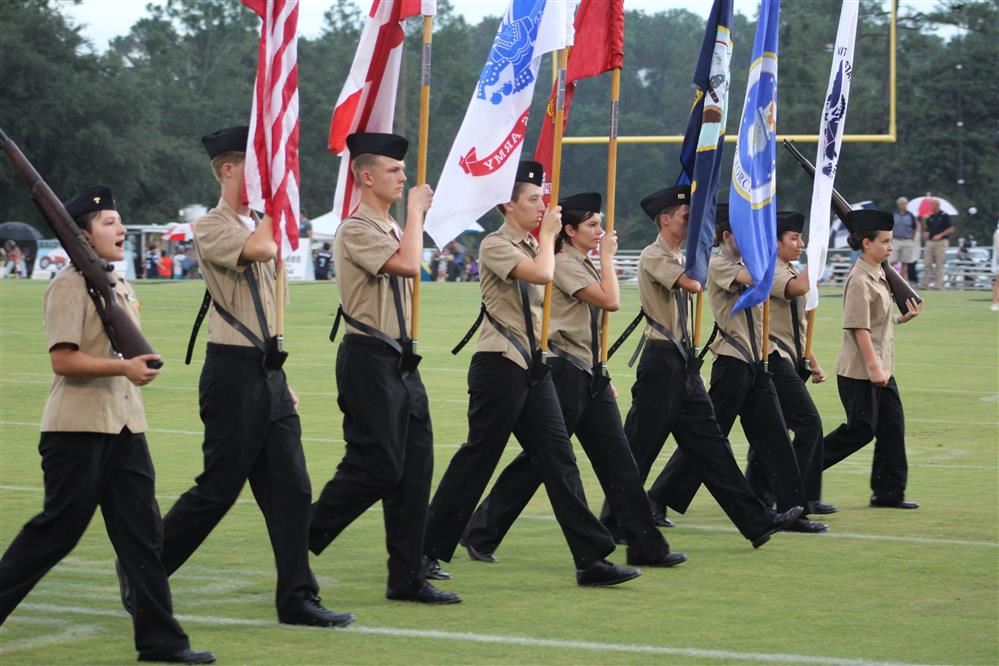 Elberta Company Color Guard lead by Cadet CPO Brianna Doege during the Elberta vs Gulf Shores football game on 20 August.